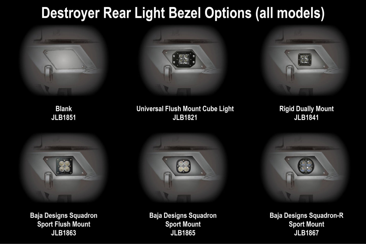 Destroyer Rear Light Bezel, Fits Baja Designs Squadron Flush Mount Lights Bare Steel JT /JL / JK / TJ  / LJ / YJ 1987-2022+