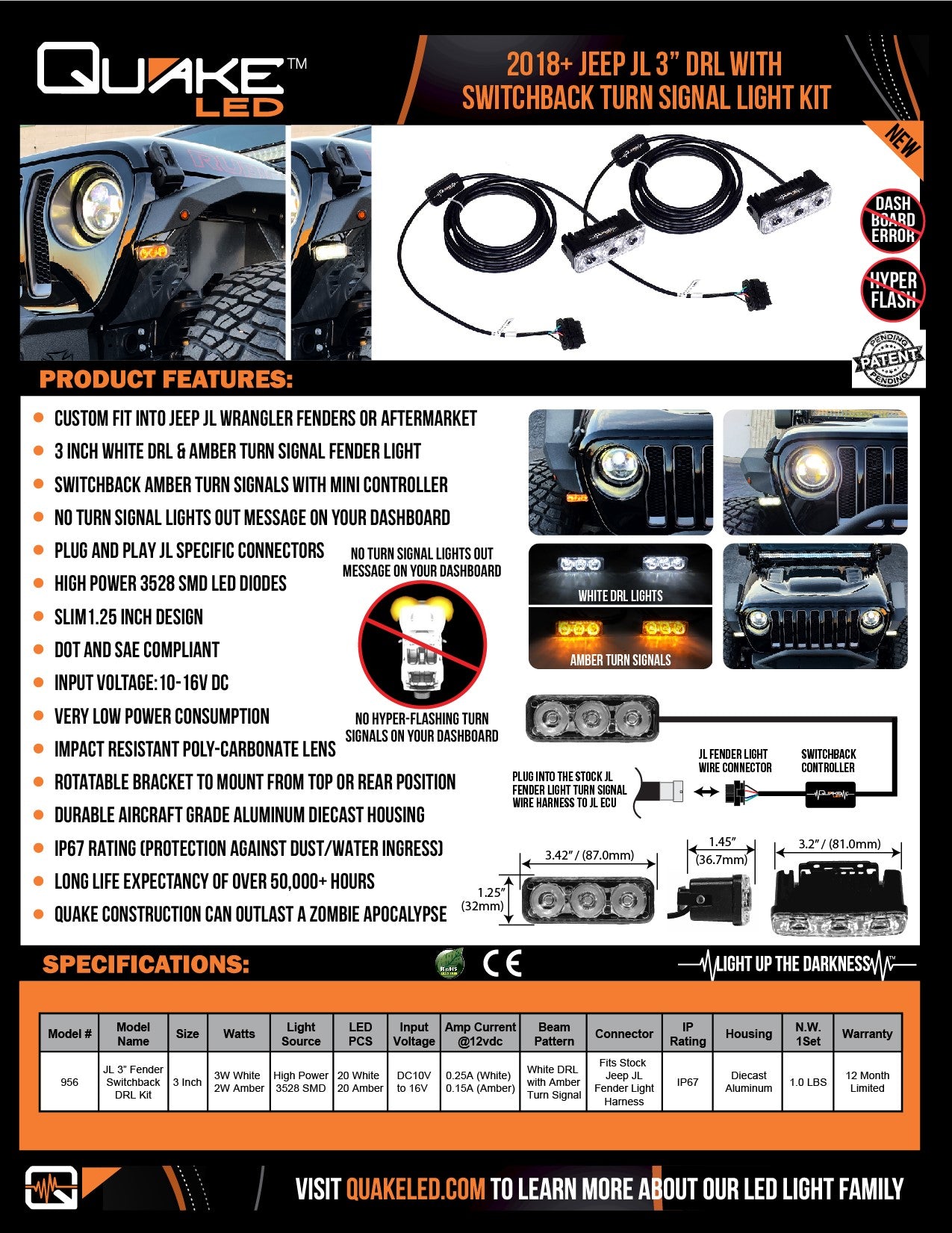 3inch Jeep Wrangler JL/JT DRL Fender Lights w/Switchback Turn Signal