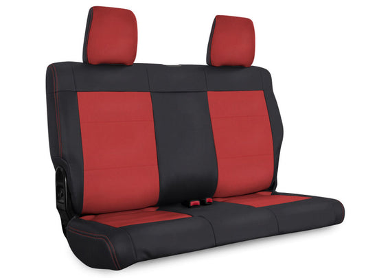 Rear Seat Cover for 07 Jeep Wrangler JKU 4 door - Black and red Easily restyle your interior Installs OVER your stock upholstery Available in 5 color-ways or customizable Black and red