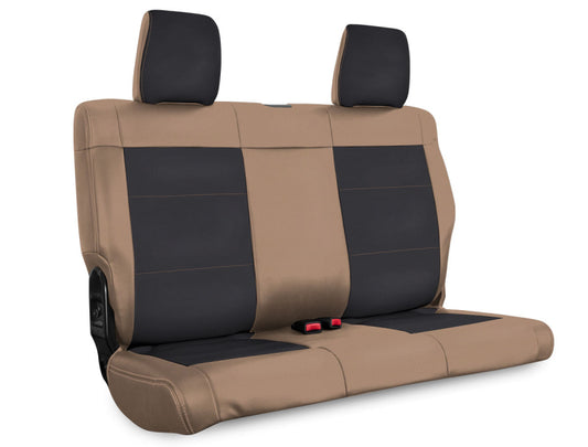 Rear Seat Cover for 07 Jeep Wrangler JKU 4 door - Black and tan Easily restyle your interior Installs OVER your stock upholstery Available in 5 color-ways or customizable Black and tan