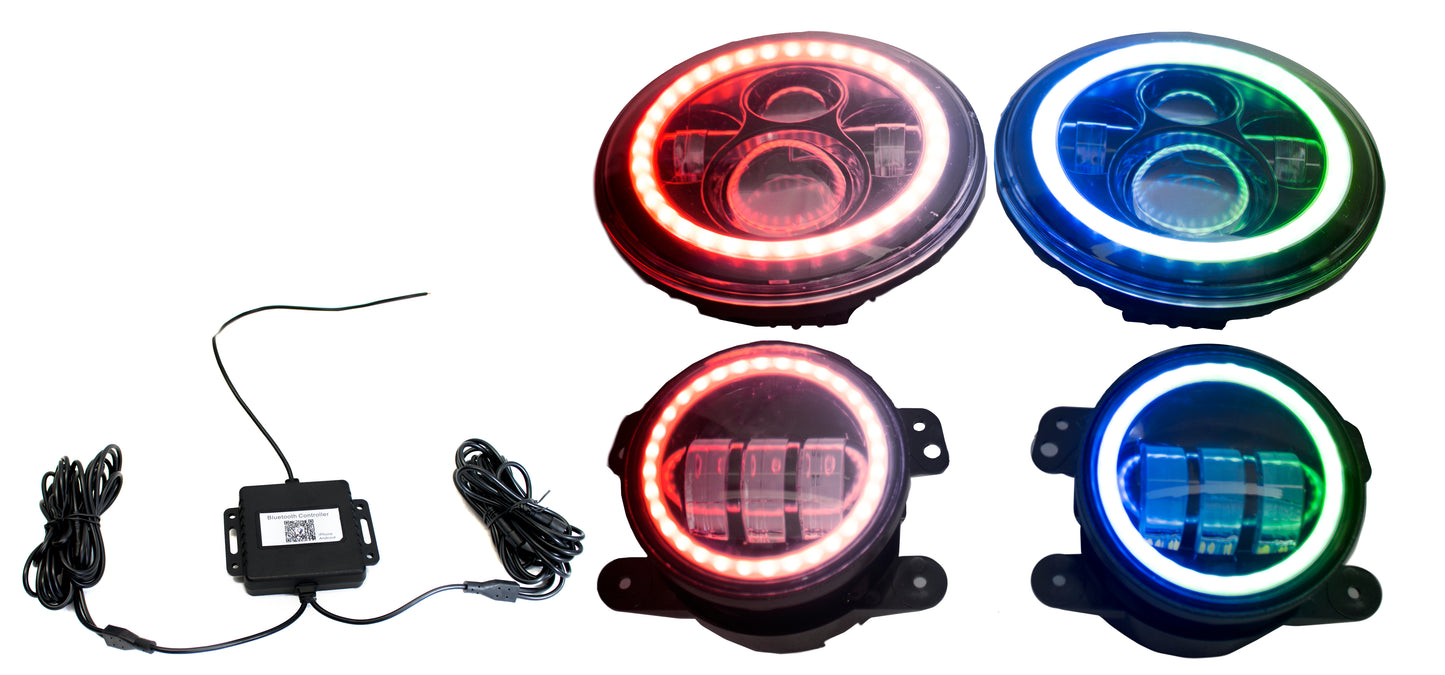 NEW Chasing Version - Jeep Wrangler 7in Headlight and 4in Foglight ColorSMART Combo Complete RGB Multi-Color kit  - Smartphone Controlled with (2) Headlights and (2) Foglights