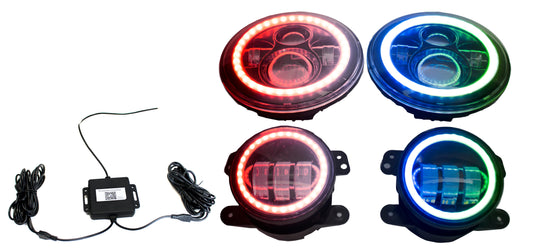 NEW Chasing Version - Jeep Wrangler 7in Headlight and 4in Foglight ColorSMART Combo Complete RGB Multi-Color kit  - Smartphone Controlled with (2) Headlights and (2) Foglights
